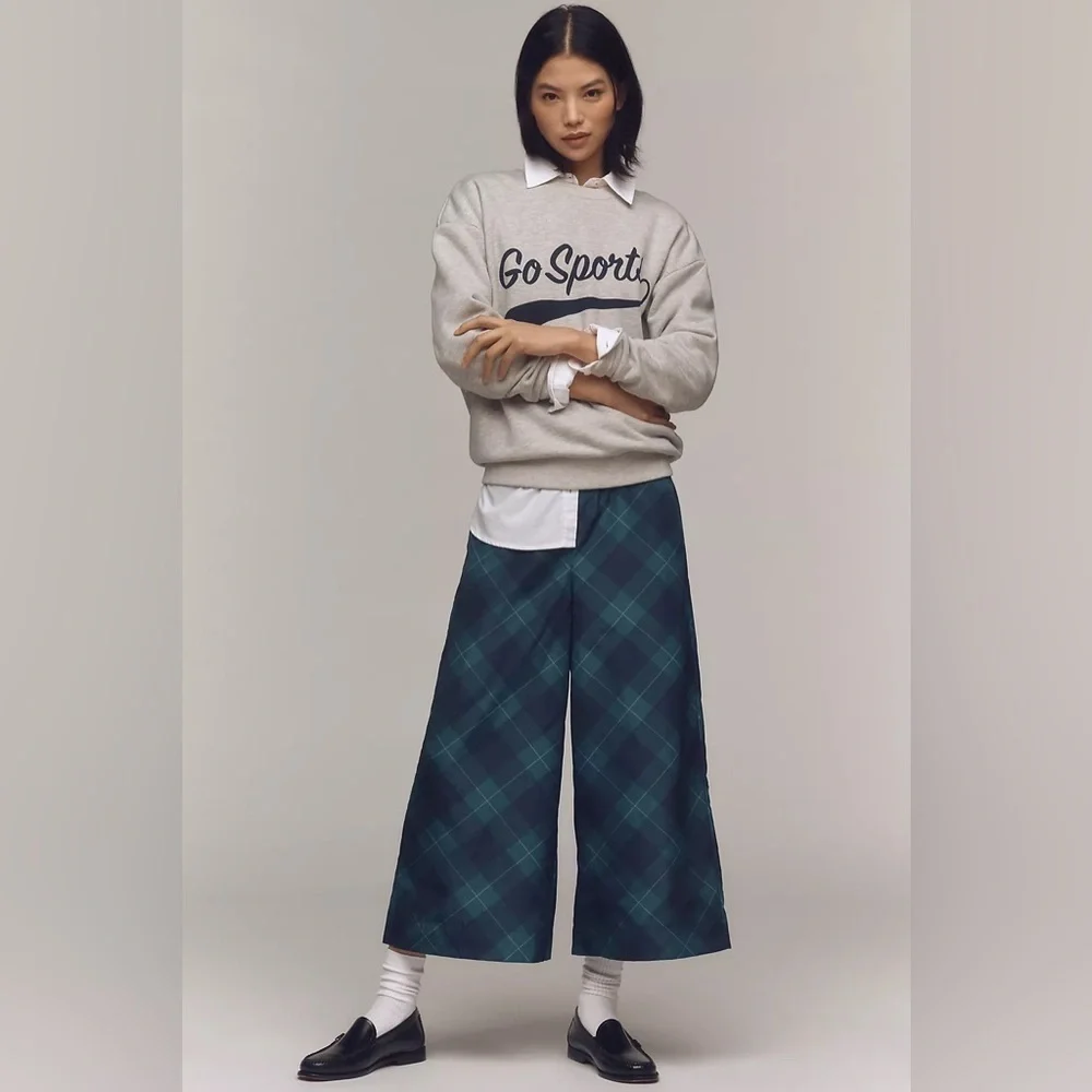 Anthropologie Maeve Taffeta Printed Pull On Structured Cropped Wide-Leg Pants